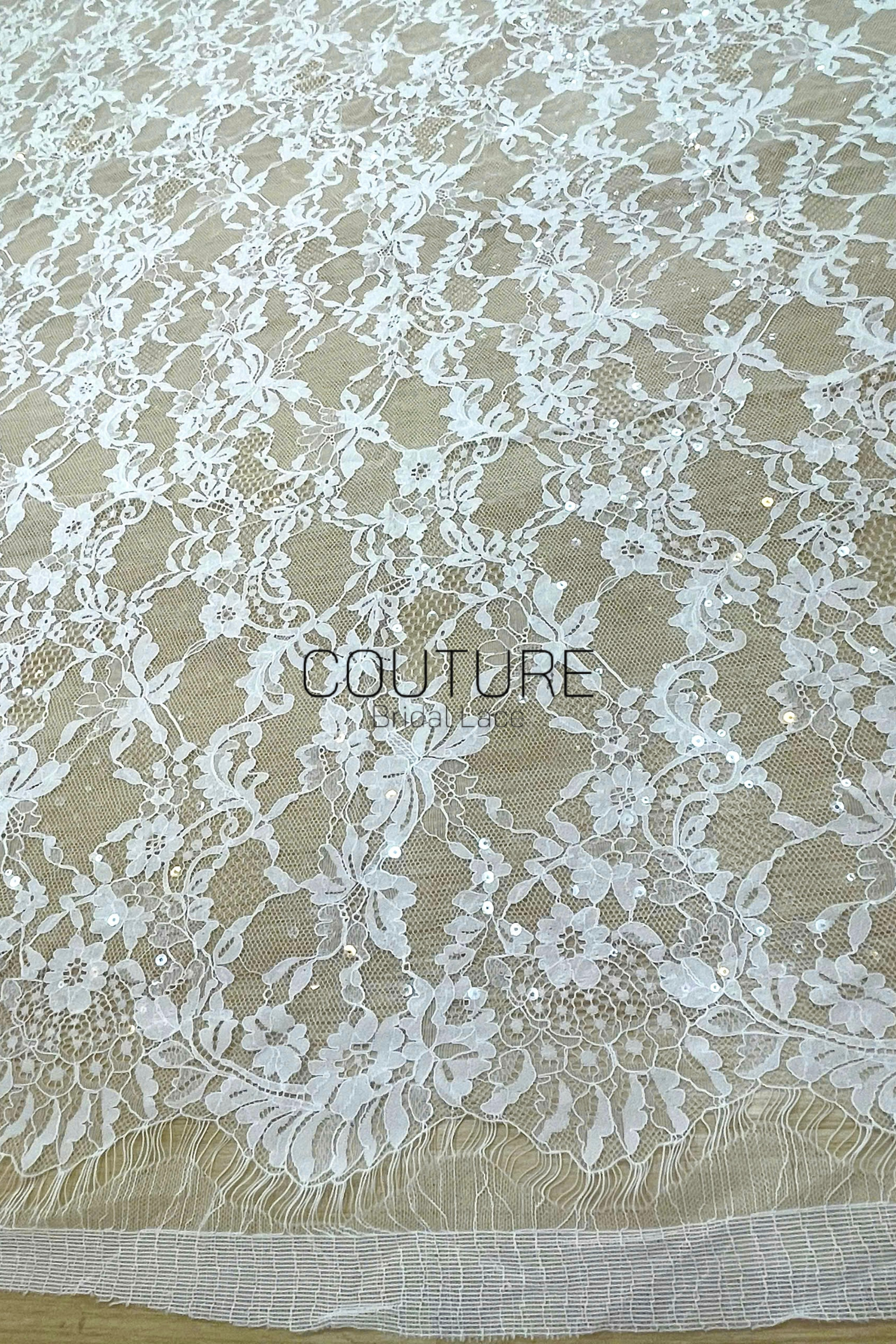 Chantilly French Lace: Couture Fabric with Luxury Pattern and Clear Sequins (3 Meters)