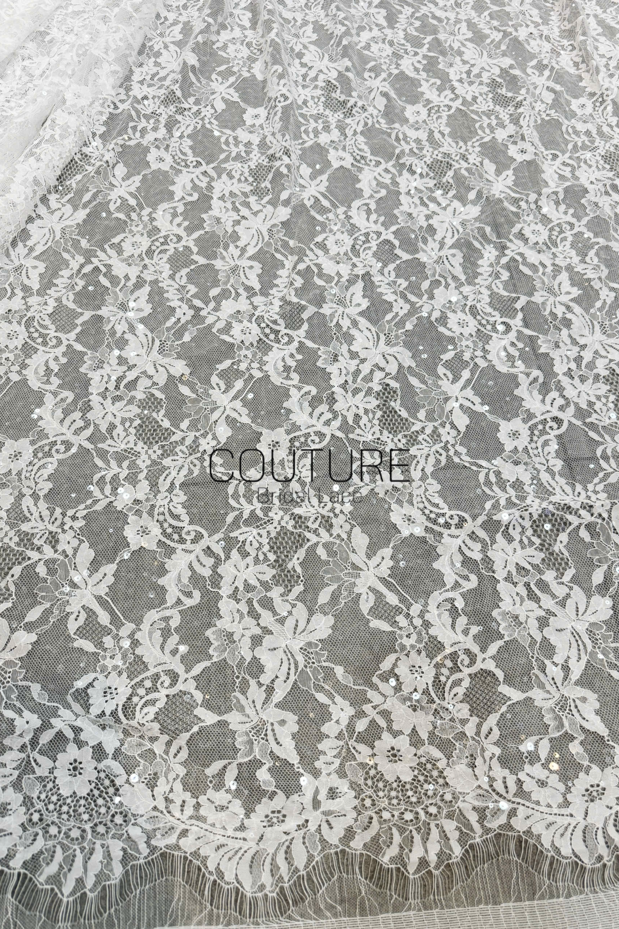 Chantilly French Lace: Couture Fabric with Luxury Pattern and Clear Sequins (3 Meters)