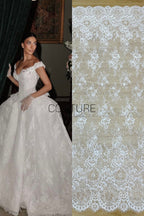 Beaded Chantilly Lace: White Delicate Floral Scrollwork with Scalloped Eyelash Fringe Border Edge, 3 Meters