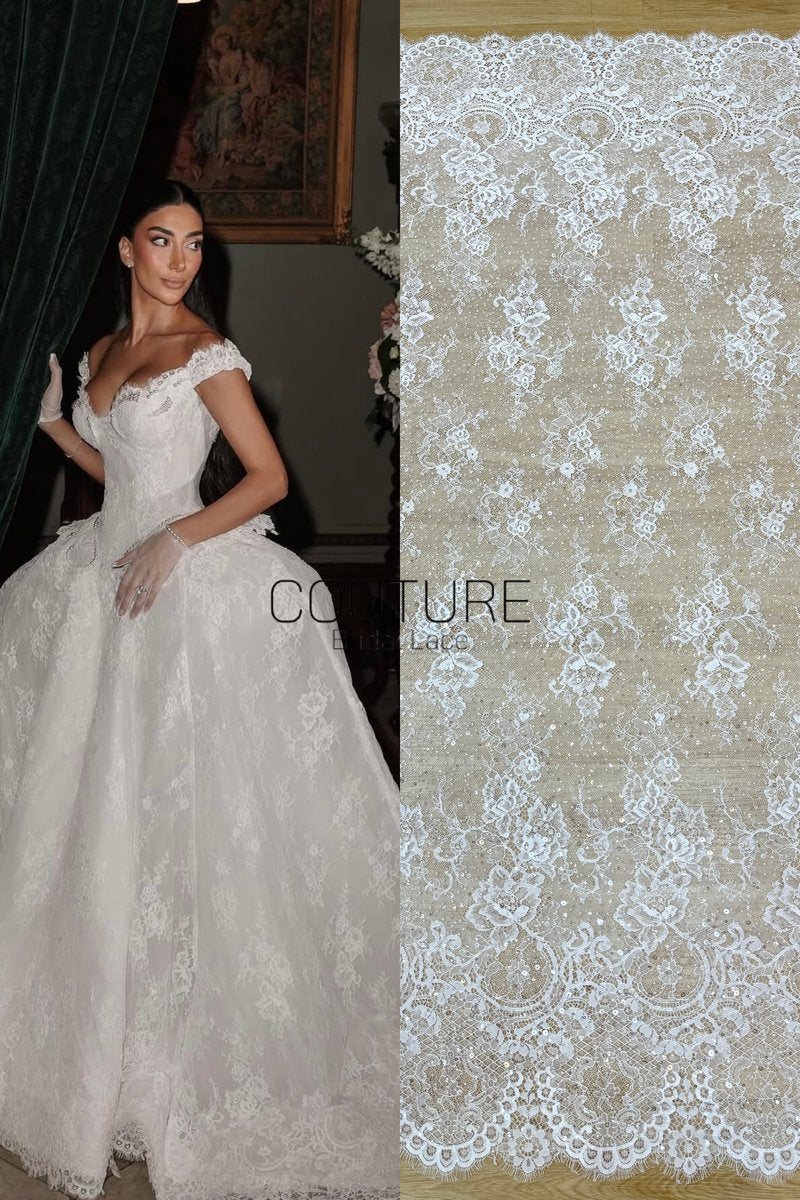 Beaded Chantilly Lace: White Delicate Floral Scrollwork with Scalloped Eyelash Fringe Border Edge, 3 Meters