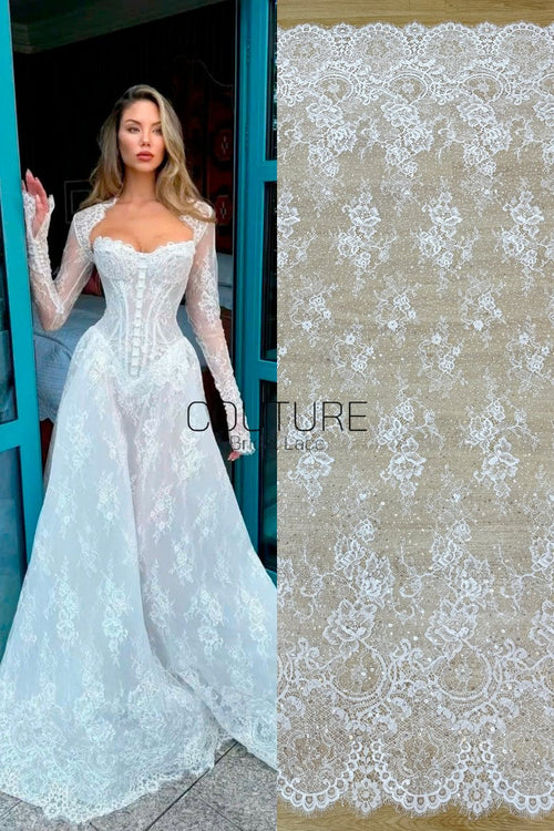 Beaded Chantilly Lace: White Delicate Floral Scrollwork with Scalloped Eyelash Fringe Border Edge, 3 Meters