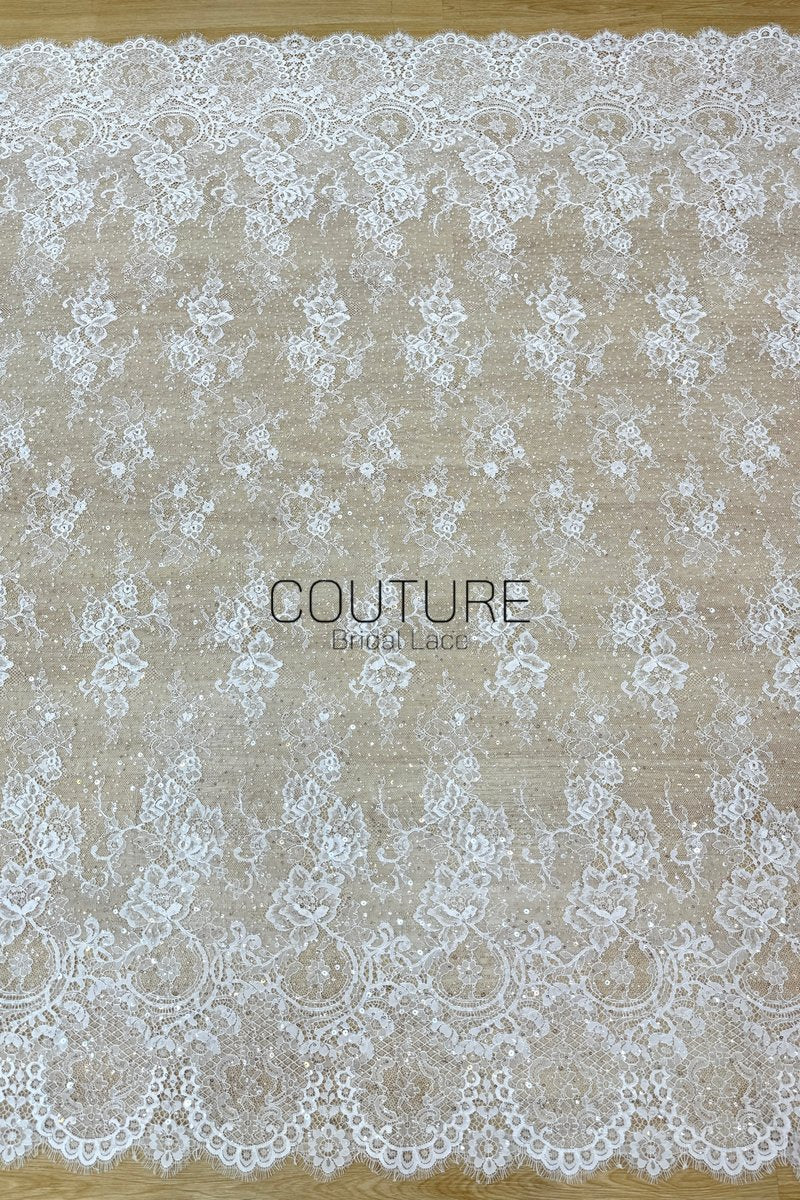 Beaded Chantilly Lace: White Delicate Floral Scrollwork with Scalloped Eyelash Fringe Border Edge, 3 Meters
