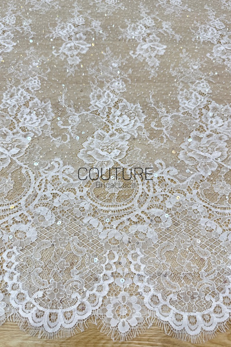 Beaded Chantilly Lace: White Delicate Floral Scrollwork with Scalloped Eyelash Fringe Border Edge, 3 Meters