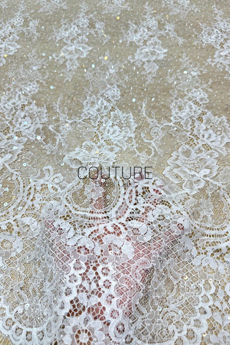Beaded Chantilly Lace: White Delicate Floral Scrollwork with Scalloped Eyelash Fringe Border Edge, 3 Meters