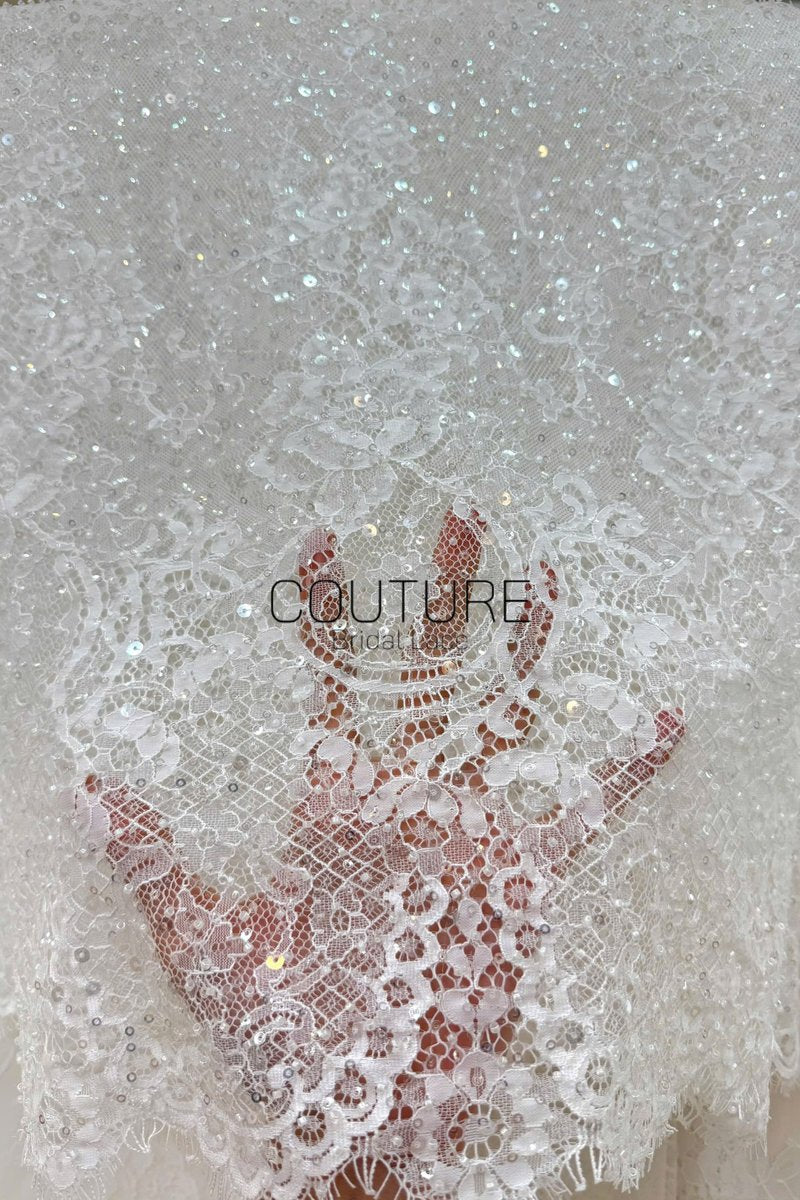 Beaded Chantilly Lace: White Delicate Floral Scrollwork with Scalloped Eyelash Fringe Border Edge, 3 Meters
