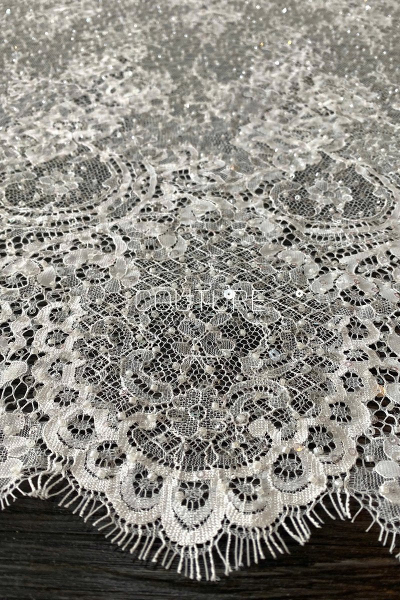 Beaded Chantilly Lace: White Delicate Floral Scrollwork with Scalloped Eyelash Fringe Border Edge, 3 Meters
