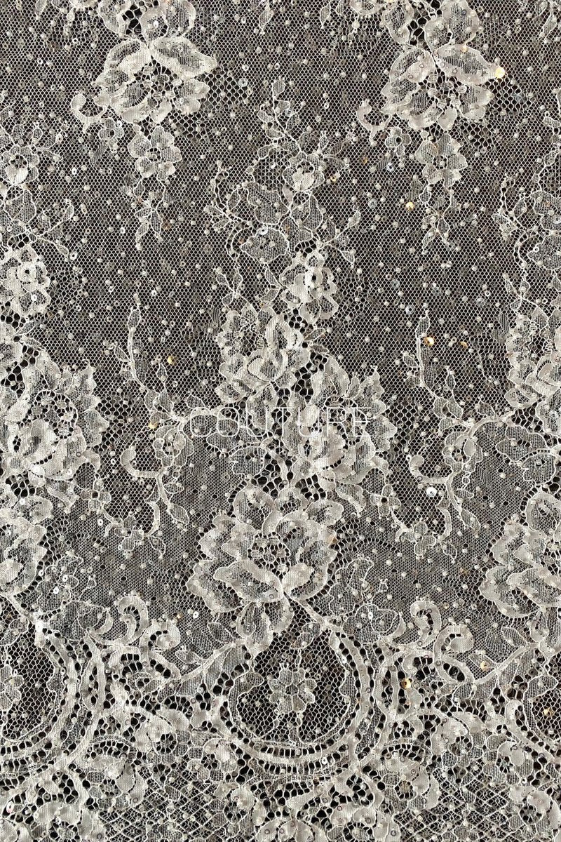 Beaded Chantilly Lace: White Delicate Floral Scrollwork with Scalloped Eyelash Fringe Border Edge, 3 Meters