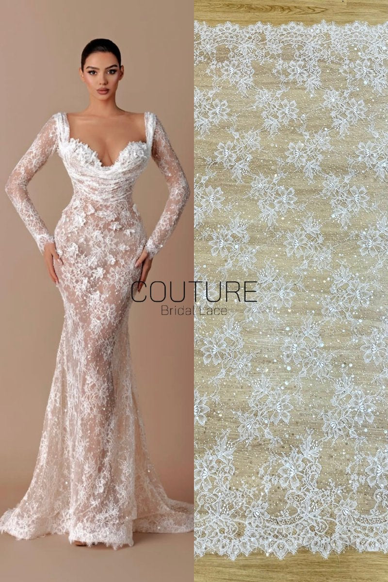 Beaded Chantilly Lace: Ivory Delicate Floral Botanical Motifs with Scattered Floral Eyelash Edge Design, 3 Meters