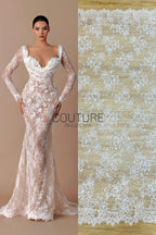 Beaded Chantilly Lace: Ivory Delicate Floral Botanical Motifs with Scattered Floral Eyelash Edge Design, 3 Meters