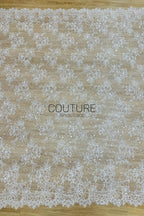 Beaded Chantilly Lace: Ivory Delicate Floral Botanical Motifs with Scattered Floral Eyelash Edge Design, 3 Meters