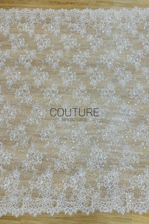Beaded Chantilly Lace: Ivory Delicate Floral Botanical Motifs with Scattered Floral Eyelash Edge Design, 3 Meters