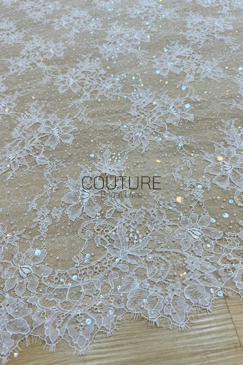 Beaded Chantilly Lace: Ivory Delicate Floral Botanical Motifs with Scattered Floral Eyelash Edge Design, 3 Meters