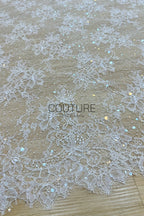 Beaded Chantilly Lace: Ivory Delicate Floral Botanical Motifs with Scattered Floral Eyelash Edge Design, 3 Meters