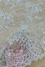 Beaded Chantilly Lace: Ivory Delicate Floral Botanical Motifs with Scattered Floral Eyelash Edge Design, 3 Meters