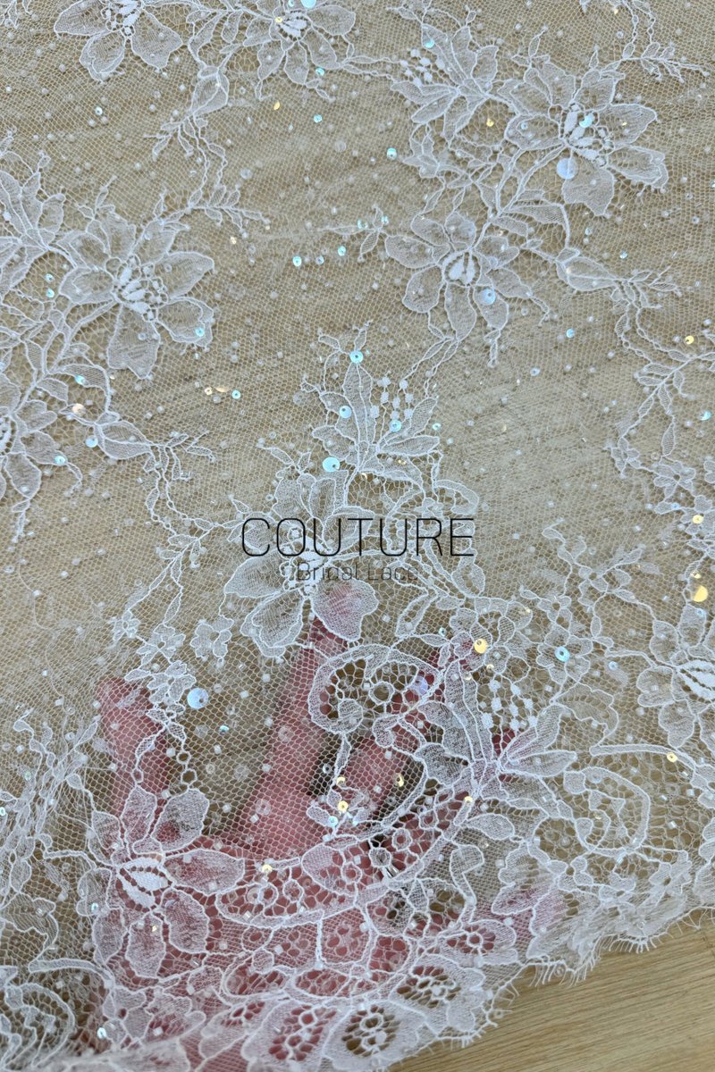 Beaded Chantilly Lace: Ivory Delicate Floral Botanical Motifs with Scattered Floral Eyelash Edge Design, 3 Meters