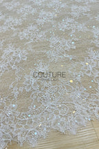 Beaded Chantilly Lace: Ivory Delicate Floral Botanical Motifs with Scattered Floral Eyelash Edge Design, 3 Meters