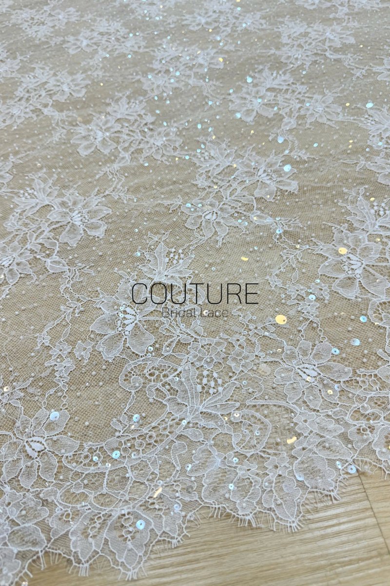 Beaded Chantilly Lace: Ivory Delicate Floral Botanical Motifs with Scattered Floral Eyelash Edge Design, 3 Meters