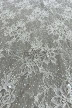 Beaded Chantilly Lace: Ivory Delicate Floral Botanical Motifs with Scattered Floral Eyelash Edge Design, 3 Meters
