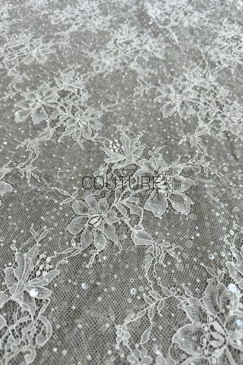 Beaded Chantilly Lace: Ivory Delicate Floral Botanical Motifs with Scattered Floral Eyelash Edge Design, 3 Meters