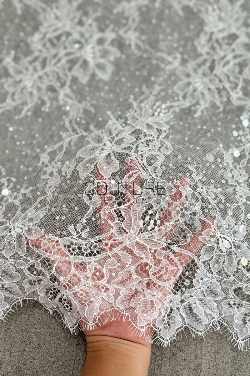 Beaded Chantilly Lace: Ivory Delicate Floral Botanical Motifs with Scattered Floral Eyelash Edge Design, 3 Meters