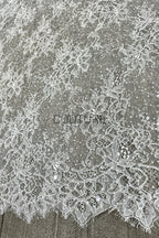 Beaded Chantilly Lace: Ivory Delicate Floral Botanical Motifs with Scattered Floral Eyelash Edge Design, 3 Meters