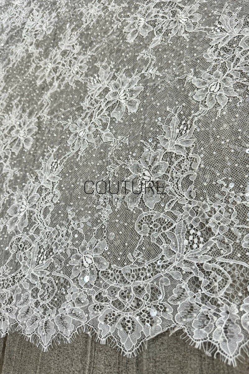 Beaded Chantilly Lace: Ivory Delicate Floral Botanical Motifs with Scattered Floral Eyelash Edge Design, 3 Meters