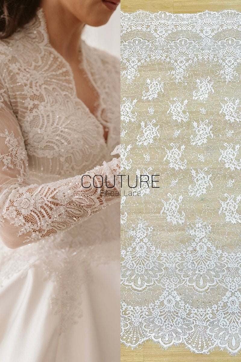 Beaded Chantilly Lace: Ivory Ornate Floral Damask with Scalloped Floral Lace Border Edge, 3 Meters