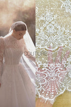 Beaded Chantilly Lace: Ivory Ornate Floral Damask with Scalloped Floral Lace Border Edge, 3 Meters