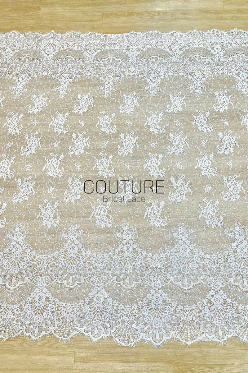 Beaded Chantilly Lace: Ivory Ornate Floral Damask with Scalloped Floral Lace Border Edge, 3 Meters