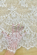 Beaded Chantilly Lace: Ivory Ornate Floral Damask with Scalloped Floral Lace Border Edge, 3 Meters