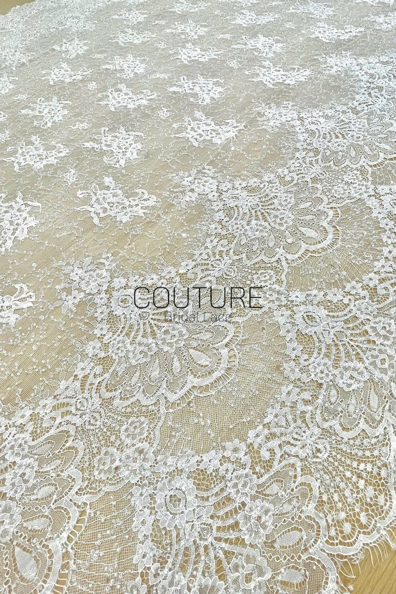 Beaded Chantilly Lace: Ivory Ornate Floral Damask with Scalloped Floral Lace Border Edge, 3 Meters