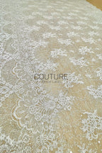 Beaded Chantilly Lace: Ivory Ornate Floral Damask with Scalloped Floral Lace Border Edge, 3 Meters