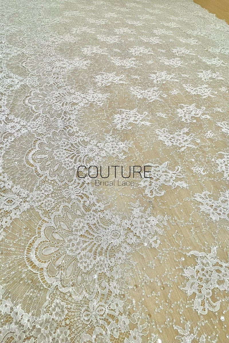 Beaded Chantilly Lace: Ivory Ornate Floral Damask with Scalloped Floral Lace Border Edge, 3 Meters