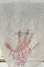 Beaded Chantilly Lace: Ivory Ornate Floral Damask with Scalloped Floral Lace Border Edge, 3 Meters