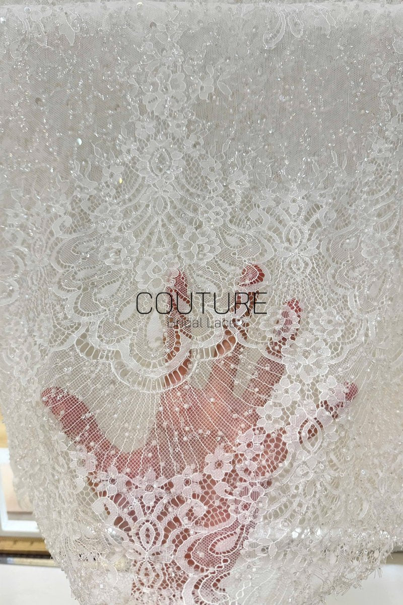 Beaded Chantilly Lace: Ivory Ornate Floral Damask with Scalloped Floral Lace Border Edge, 3 Meters