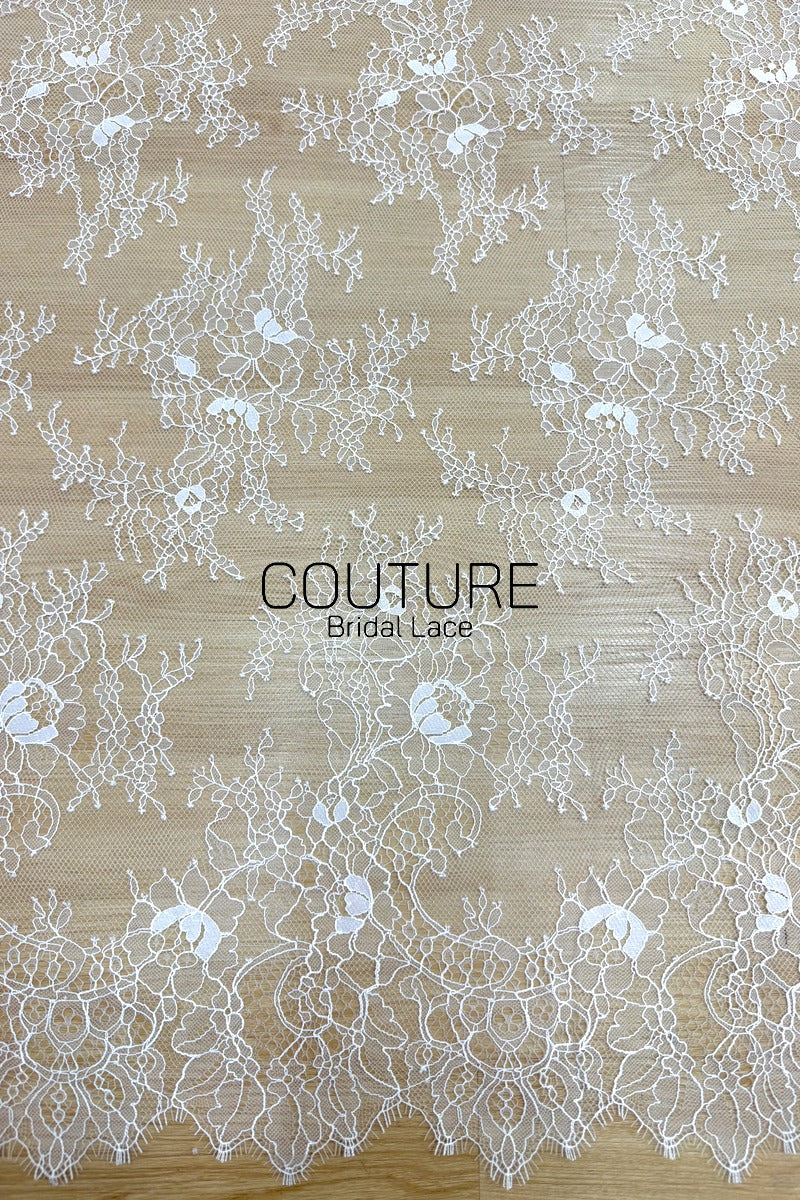 Chantilly Lace: White Scattered Delicate Coral Vine Sprigs with Ornate Floral Medallion Scalloped Border, 3 Meters