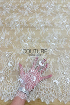 Chantilly Lace: White Scattered Delicate Coral Vine Sprigs with Ornate Floral Medallion Scalloped Border, 3 Meters
