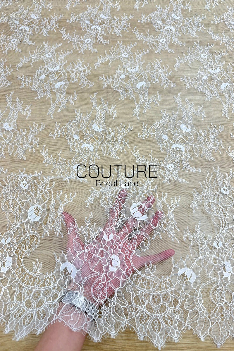 Chantilly Lace: White Scattered Delicate Coral Vine Sprigs with Ornate Floral Medallion Scalloped Border, 3 Meters