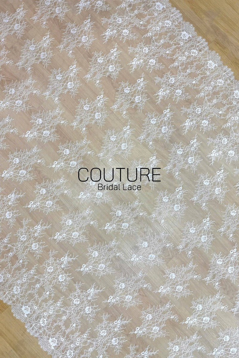 Chantilly Lace: White Scattered Branching Rose Sprays with Floral Scalloped Border, 3 Meters