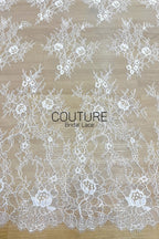Chantilly Lace: White Scattered Branching Rose Sprays with Floral Scalloped Border, 3 Meters