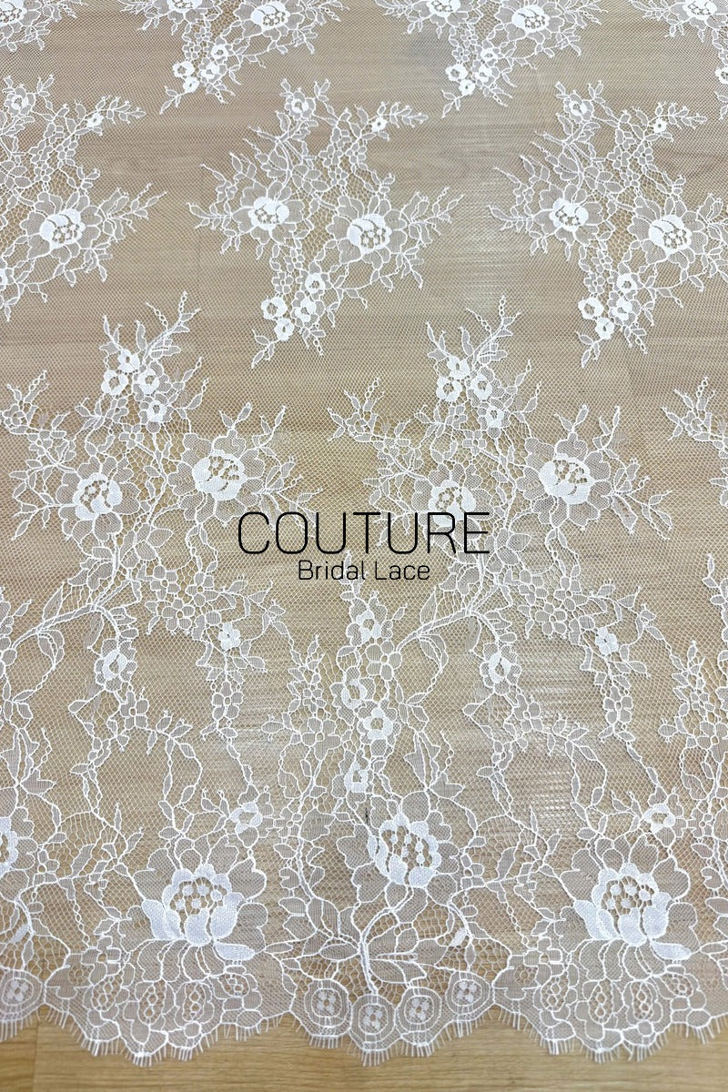 Chantilly Lace: White Scattered Branching Rose Sprays with Floral Scalloped Border, 3 Meters