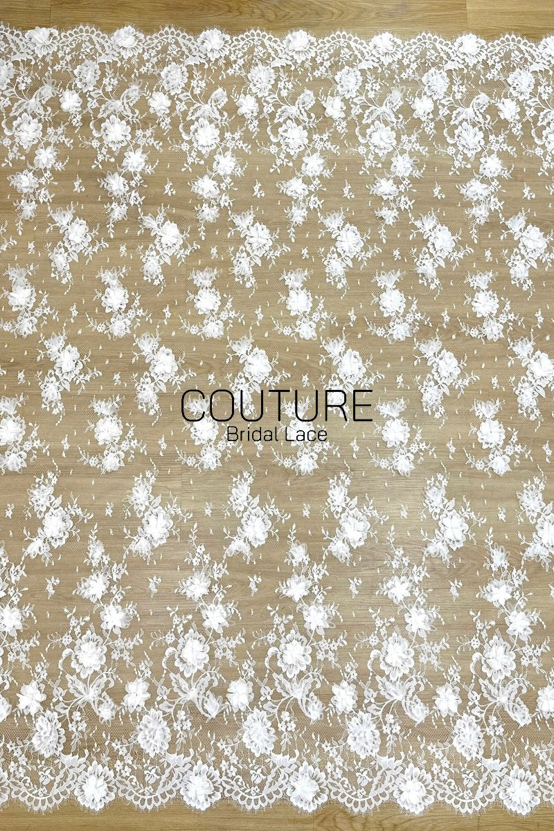 French Lace: White Three-Dimensional Floral Clusters with Scalloped Eyelash Fringe Edge, 3 Meters
