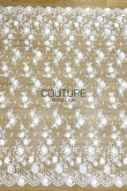 French Lace: White Three-Dimensional Floral Clusters with Scalloped Eyelash Fringe Edge, 3 Meters