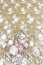 French Lace: White Three-Dimensional Floral Clusters with Scalloped Eyelash Fringe Edge, 3 Meters