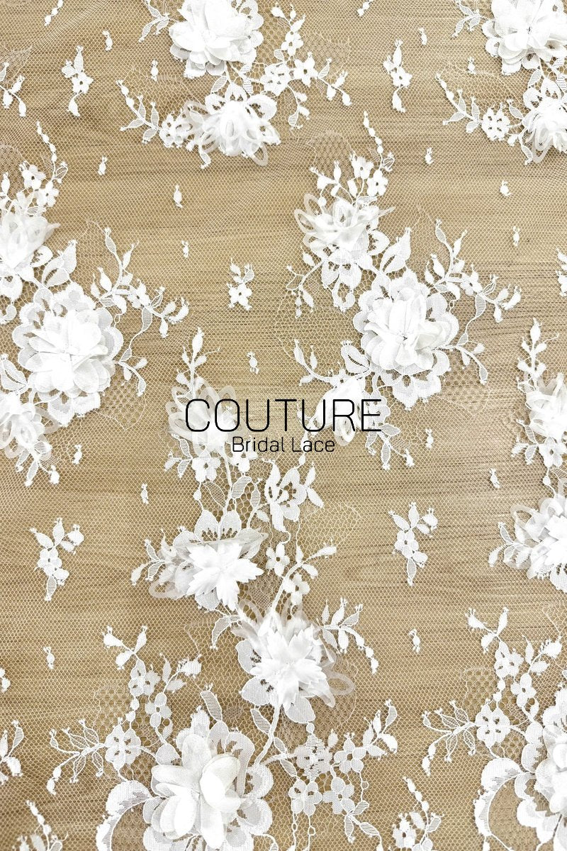 French Lace: White Three-Dimensional Floral Clusters with Scalloped Eyelash Fringe Edge, 3 Meters