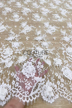 French Lace: White Three-Dimensional Floral Clusters with Scalloped Eyelash Fringe Edge, 3 Meters