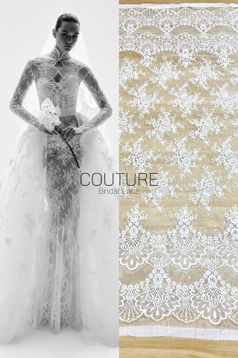 Sequins Chantilly Lace: Ivory Scattered Delicate Floral Motifs with Scalloped Border with Intricate Fan and Floral Motifs, 3 Meters
