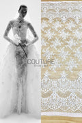 Sequins Chantilly Lace: Ivory Scattered Delicate Floral Motifs with Scalloped Border with Intricate Fan and Floral Motifs, 3 Meters