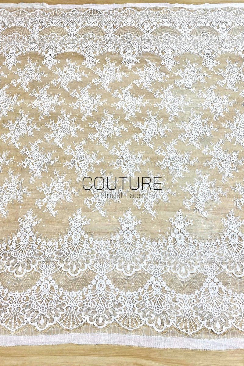 Sequins Chantilly Lace: Ivory Scattered Delicate Floral Motifs with Scalloped Border with Intricate Fan and Floral Motifs, 3 Meters