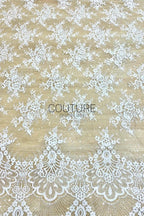 Sequins Chantilly Lace: Ivory Scattered Delicate Floral Motifs with Scalloped Border with Intricate Fan and Floral Motifs, 3 Meters